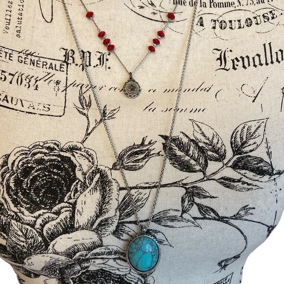 Lucky Brand Jewelry - Lucky Brand Faux Turquoise Pendant Necklace Double Strand Silver Tone